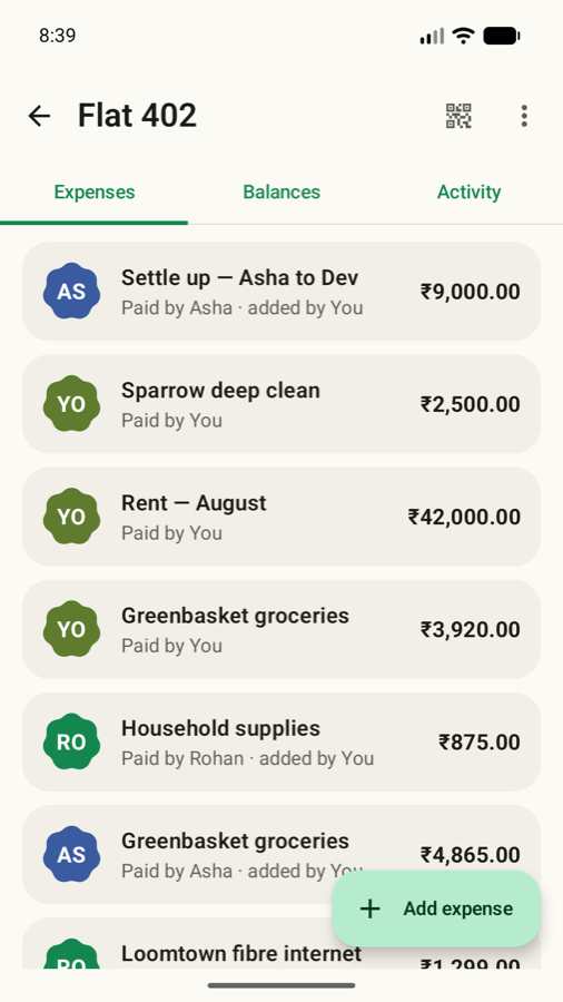 A group called Flat 402 listing rent, groceries and a settle-up, each showing who paid.